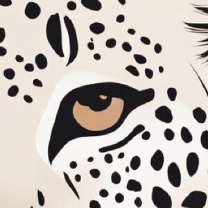 May include: Close-up of a stylized illustration of a leopard's eye. The eye is a light brown color, surrounded by black and white markings. The leopard's fur is a cream color, with black spots.