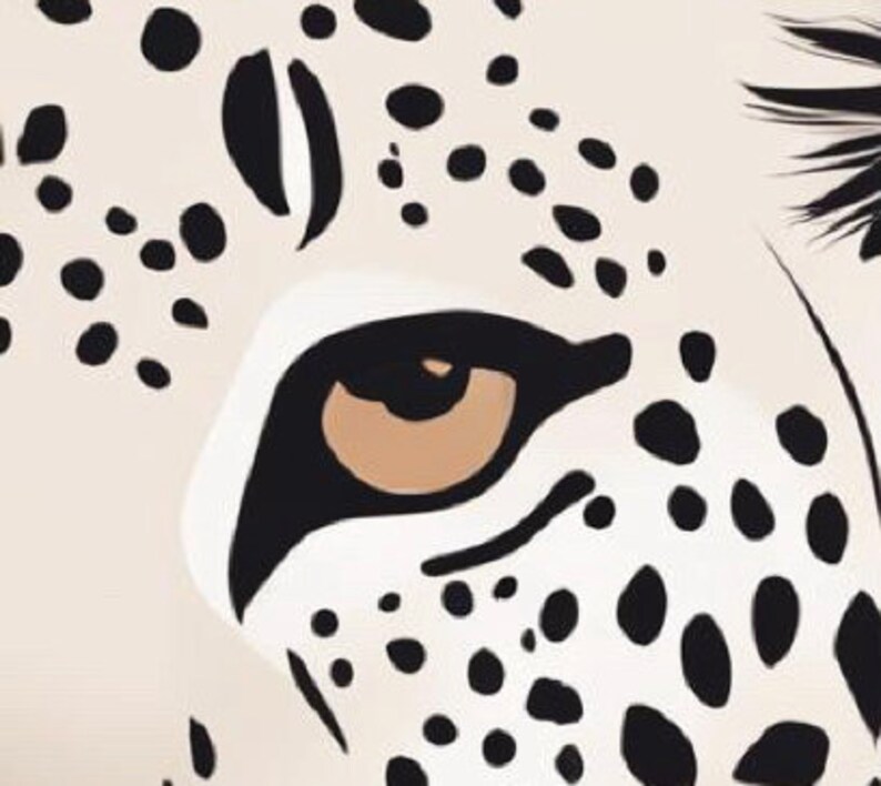May include: Close-up of a stylized illustration of a leopard's eye. The eye is a light brown color, surrounded by black and white markings. The leopard's fur is a cream color, with black spots.