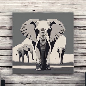 May include: A square canvas print featuring a stylized illustration of elephants in shades of gray and white. The central image shows a large elephant facing forward, with two smaller elephants in the background. The artwork has a minimalist, graphic design style.