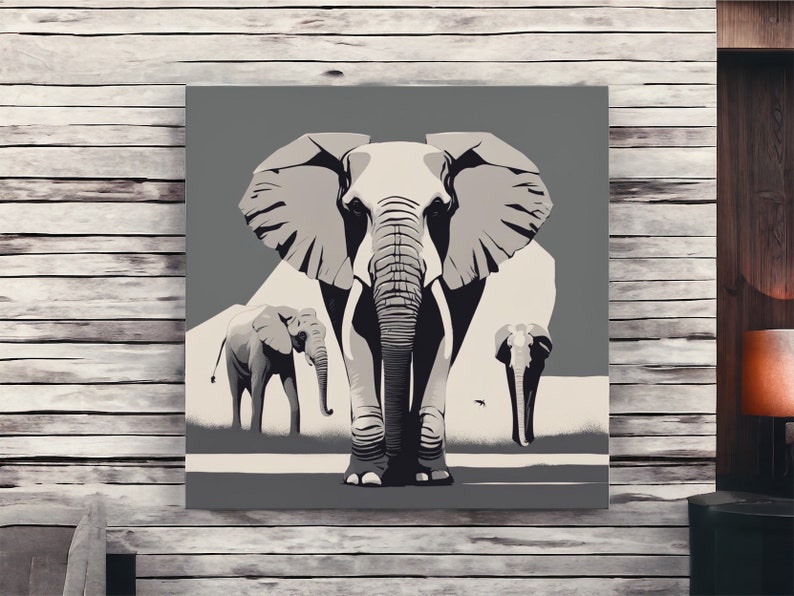 May include: A square canvas print featuring a stylized illustration of elephants in shades of gray and white. The central image shows a large elephant facing forward, with two smaller elephants in the background. The artwork has a minimalist, graphic design style.