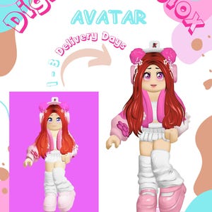 May include: Before and after image of a pink and white Roblox avatar. The avatar is wearing a pink jacket, white skirt, white socks, and pink shoes. The text "Digitized Roblox Avatar" is at the top of the image. The text "Delivery Days 1-3" is in the upper left corner of the image. The text "Before" is at the bottom left of the image. The text "After" is at the bottom right of the image.