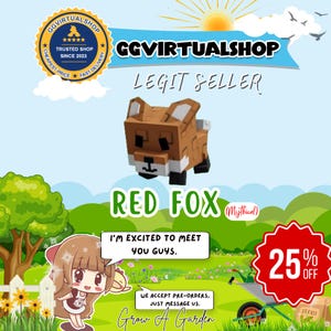 May include: A digital red fox model with white details, black feet, and a brown nose. The image features the text "RED FOX" and "I'M EXCITED TO MEET YOU GUYS." A banner reads "GGVIRTUALSHOP LEGIT SELLER" with a 25% off promotion.