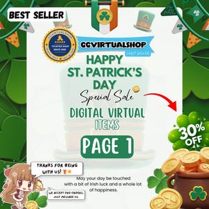 Puede incluir: Gráfico promocional del Día de San Patricio para artículos virtuales digitales. La imagen presenta un sombrero de duende, monedas de oro y tréboles, con el texto "Happy St. Patrick's Day Special Sale". También se muestra una promoción del 30%.