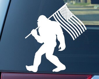 Bigfoot American Flag Sticker, Sasquatch, Vinyl Decal For Car Window and Bumper.