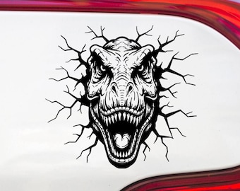 Dinosaur Head In Cracked Wall Sticker, Vinyl Decal For Car Window and Bumper.