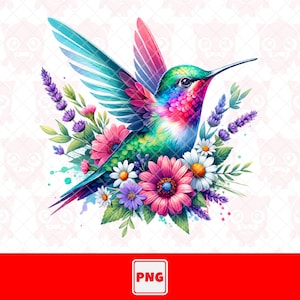 Beija-flor Png, Design de impressão de beija-flor, Design floral Png, Design de aquarela, Design de camiseta, Design de camisa colorida, Download digital.