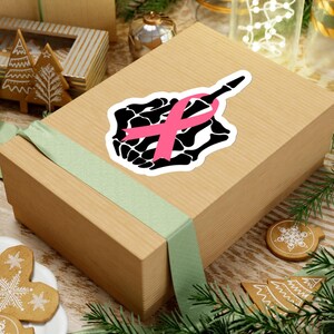 Pink Ribbon Skeleton Middle Finger Sticker, Breast Cancer Awareness, Fight Cancer Vinyl, , Kiss-Cut Sticker, Sticker For Tumbler And Laptop. image 9