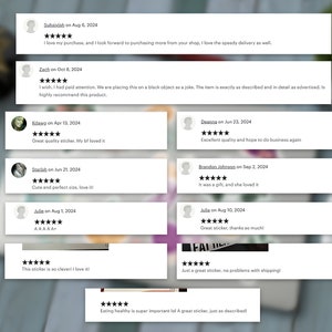 Może przedstawiać: Zbi&oacute;r opinii klient&oacute;w o sklepie ze stickerami. Wszystkie opinie są pozytywne i zawierają pięciogwiazdkowe oceny. Opinie podkreślają jakość naklejek, szybkość dostawy i og&oacute;lne zadowolenie klient&oacute;w.