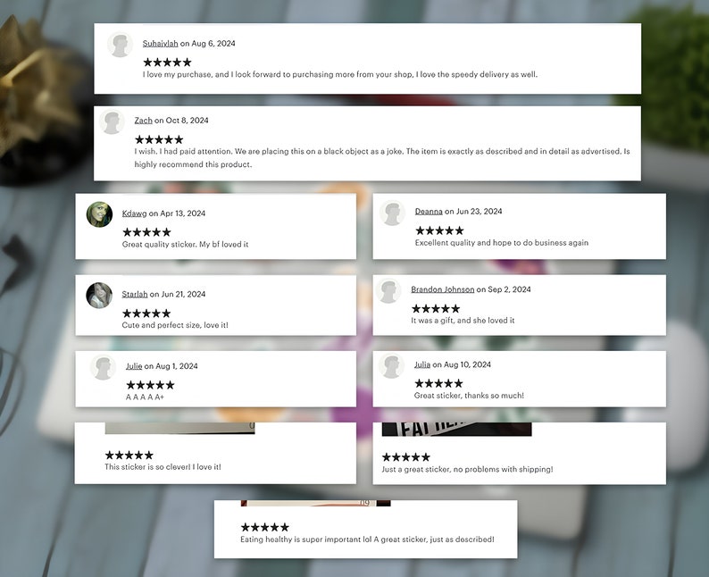 Może przedstawiać: Zbi&oacute;r opinii klient&oacute;w o sklepie ze stickerami. Wszystkie opinie są pozytywne i zawierają pięciogwiazdkowe oceny. Opinie podkreślają jakość naklejek, szybkość dostawy i og&oacute;lne zadowolenie klient&oacute;w.