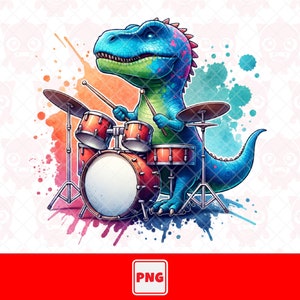 T-Rex Dinosaur Png, Drummer Dinosaur Png, Músico T-Rex, Design de aquarela, Design de camisetas, Design de camisa colorida, Download digital.