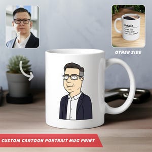 Caneca com estampa de retrato de desenho animado personalizada, impressão com definição personalizada, desenho de retrato, design de caneca branca de 11 oz, presente de aniversário, presente para amigo.