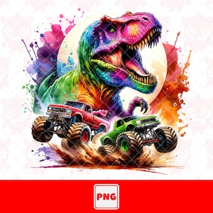 Dinosaure T-Rex Png, Monster Truck Png, gros camion, grandes roues, aquarelle, t-shirt, chemise colorée, téléchargement numérique.
