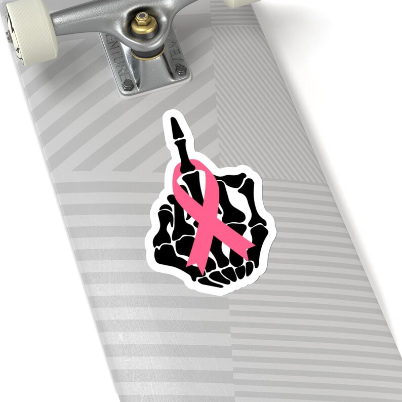 Pink Ribbon Skeleton Middle Finger Sticker, Breast Cancer Awareness, Fight Cancer Vinyl, , Kiss-Cut Sticker, Sticker For Tumbler And Laptop. image 7