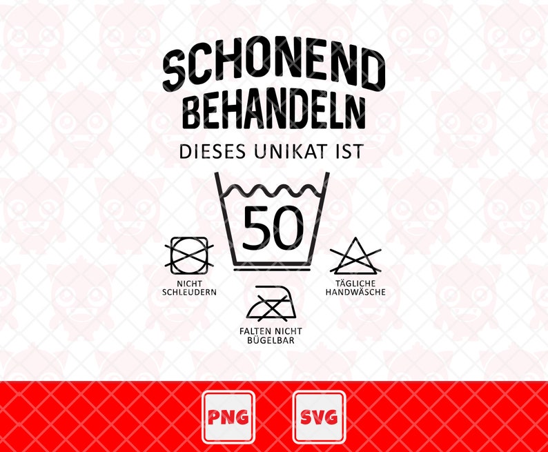 May include: Black and white care instructions for a garment. The instructions include a washing machine symbol with a number 50 inside, a symbol for hand washing, a symbol for not using a dryer, and a symbol for not ironing. The text reads "SCHONEND BEHANDELN DIESES UNIKAT IST" and "NICHT SCHLEUDERN T&Auml;GLICHE HANDW&Auml;SCHE FALTEN NICHT B&Uuml;GELBAR".