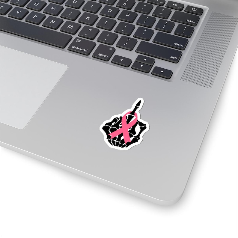 Pink Ribbon Skeleton Middle Finger Sticker, Breast Cancer Awareness, Fight Cancer Vinyl, , Kiss-Cut Sticker, Sticker For Tumbler And Laptop. image 2