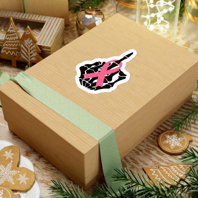 Pink Ribbon Skeleton Middle Finger Sticker, Breast Cancer Awareness, Fight Cancer Vinyl, , Kiss-Cut Sticker, Sticker For Tumbler And Laptop. image 8