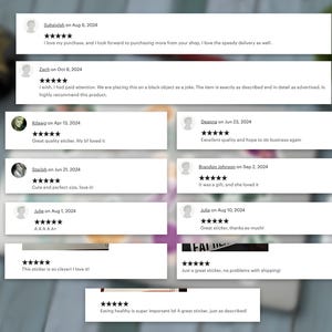 May include: A collection of customer reviews, each displayed in a white rectangular box with a gray border. The reviews include star ratings and text comments. The reviews are on a light blue wooden surface.