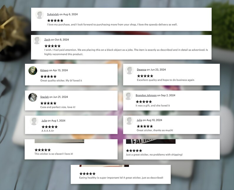 May include: A collection of customer reviews, each displayed in a white rectangular box with a gray border. The reviews include star ratings and text comments. The reviews are on a light blue wooden surface.