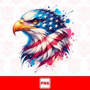 Aquila con bandiera americana PNG, Aquila americana PNG, Patriota americano, Disegno acquerello, Maglietta USA, Disegno maglietta colorata, Download digitale.