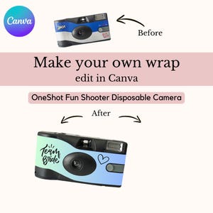 Puede incluir: Una cámara desechable con un diseño degradado azul y verde. La cámara tiene una pegatina en forma de corazón y el texto "Team Bride" escrito en ella.