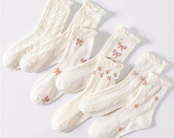 Bogen Socken - Weiß und Pastell Rosa - Coquette Süße Socke - Coquette, Geschenke für Sie, schöne Geschenkidee, Geburtstagsgeschenk, Weiß mit Rüschen Floral