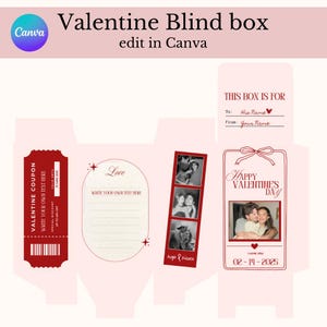 May include: A printable Valentine's Day blind box template with a red and white coupon, a love note, a photo strip, and a Happy Valentine's Day card with a couple's photo. The template includes the text "This box is for", "To: His Name", "From: Your Name", "Love", "Write your own text here", "Hugs & Kisses", "Happy Valentine's Day", "I Love You", and "02-14-2025".