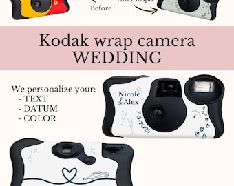 Puede incluir: Imagen de cámaras Kodak wrap, con un antes y un después. La cámara original es amarilla y roja. Las cámaras personalizadas son en blanco y negro, con texto y gráficos de boda. El texto de la imagen dice "Kodak wrap camera WEDDING".