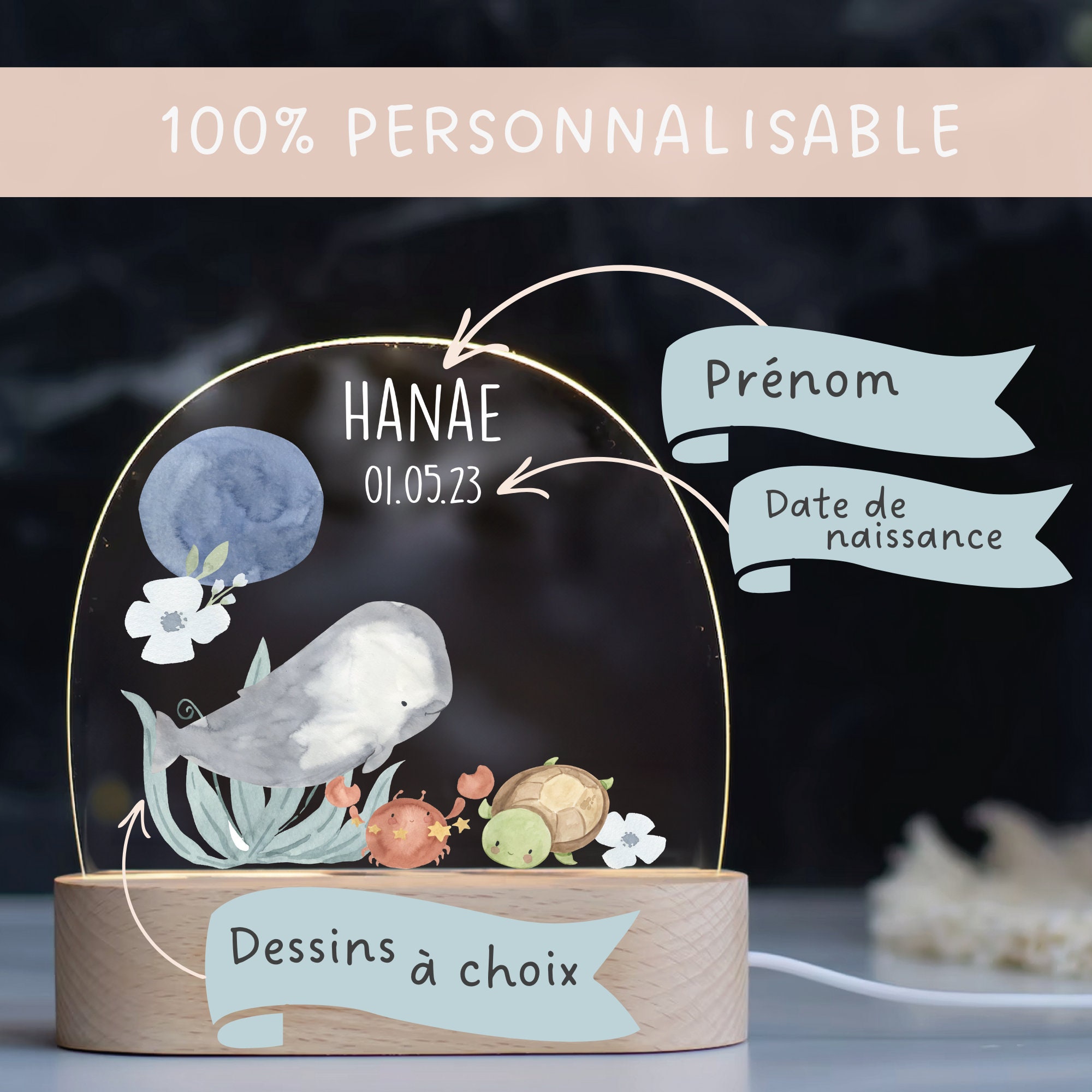 Veilleuse Enfant Personnalisable WONDEE - Forme Écureuil | Bois Durable, USB-C Ou Piles