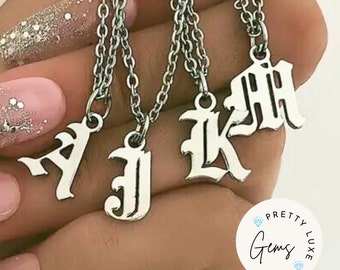Old English Initial Necklace Gold • Personalized Initial Necklace • Gothic Style • Dainty Custom Old English Necklace • Gift for Her and Him