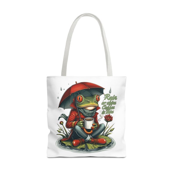 Tote Bag (AOP) ,frog drinking coffee in the rain