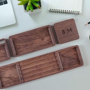 Custom Engraved Wooden Desk Organizer For Men Minimalist Gift for Boyfriend Catch All Tray Gift for Dad With Monogram Personalization