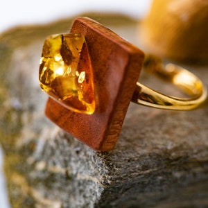 Amber, wood & Gold. Designer ring. Unique amber ring. Sterling silver setting. Covered by 14 ct gold. Hand made ring. Artistic jewelry.