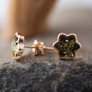Amber & Gold. Green amber earrings. Elegant studs. Sterling silver setting. Covered by 14 ct gold. Contemporary studs. Unique. Dainty studs.