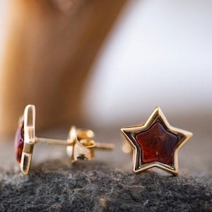 Amber & Gold. Dainty amber earrings. Elegant studs. Sterling silver setting. Covered by 14 ct gold. Contemporary studs. Unique. Star studs.