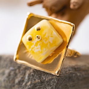 Amber & Gold. Designer ring. Unique big milky amber ring. Sterling silver setting. Covered by 14 ct gold. Hand made ring. Artistic jewelry.