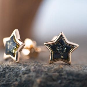 Amber & Gold. Dainty amber earrings. Elegant studs. Sterling silver setting. Covered by 14 ct gold. Contemporary studs. Unique. Small studs.