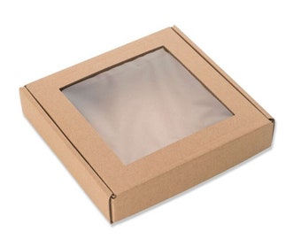 32x32x4cm _ Folding box with window 12.59 x 12.59 x 1.57 inch, brown, kraft cardboard - Set: 5 / 10 / 20 pcs