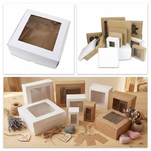 May include: Selection of white and brown cardboard boxes with transparent window panels. Various sizes and shapes are shown, some with decorative elements like twine, tags, and small hearts. Suitable for packaging and presentation.