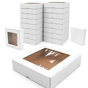 Scatola regalo pieghevole bianca con finestra, 25x25x5 cm | Scatola con coperchio trasparente | Scatola in carta kraft con finestra | Scatola in cartone con finestra in cellophane, confezione da 5/10 pezzi.