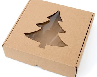 20x20x5cm Folding box with tree window 7.87 x 7.87 x 1.97 inch, brown, kraft cardboard - Set: 5 boxes Cardboard gift boxes