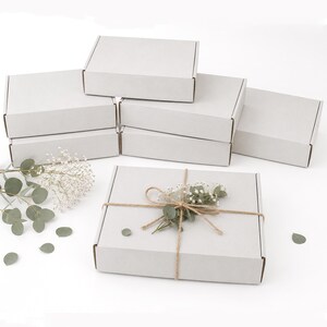 May include: A collection of six rectangular white cardboard mailing boxes. One box in the foreground is tied with brown twine and decorated with a small sprig of green eucalyptus leaves and white baby's breath flowers.