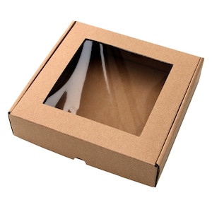 20x20x5cm _ Caja plegable con ventana, 20 x 20 x 5 cm, marrón, cartón kraft - Set: 5 / 10 / 20 piezas