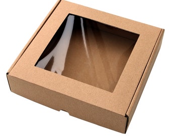 18x18x2.5cm _ Folding box with window 7.08 x 7.08 x 0.98 inch, brown, kraft cardboard - Set: 5 / 10 / 20 pcs