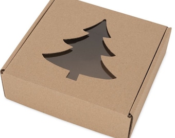 20x20x5cm _ Folding box with Christmas tree window 7.87 x 7.87 x 1.97 inch, brown, kraft cardboard - Set: 5 / 10 / 20 boxes