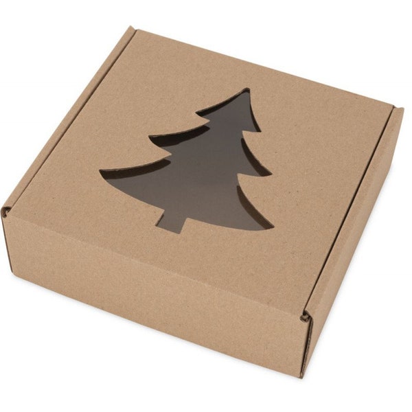 20x20x5cm _ Folding box with Christmas tree window 7.87 x 7.87 x 1.96 inch, brown, kraft cardboard - Set: 5 / 10 / 20 boxes
