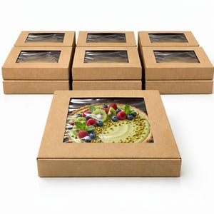 Scatola per crostata di frutta in carta kraft con finestra 25x25x5 cm / 9,84x9,84x1,97 pollici, scatola per torte da forno, confezione per pasticceria, scatola regalo per dessert