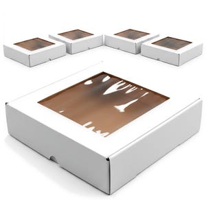 May include: White cardboard boxes with clear windowed tops. The boxes are rectangular and have a brown interior visible through the transparent window. The boxes are arranged on a white background.