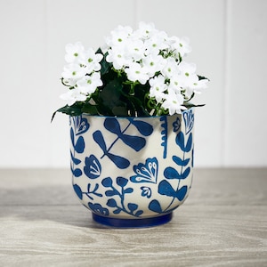 Indigo  Blue Floral Ceramic Plant Pot, home and garden decor, pretty blue planter