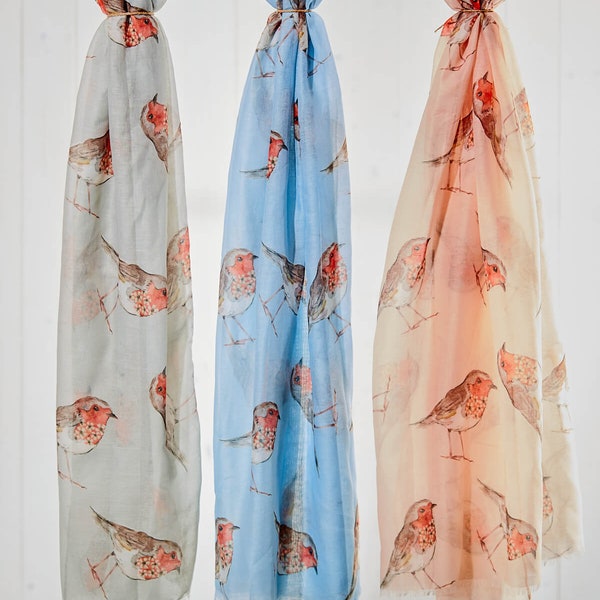 Women's Fashion Long Scarves with Robin Print - Floral Neck Scarf Shawl Wrap"