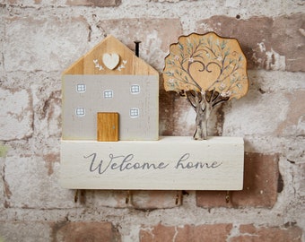 Welcome Home Key Rack Wooden with 3D Tree - Housewarming Gift-entryway organiser-wall mounted key holder-house key organiser-rustic home